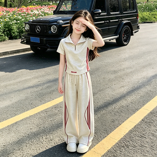 女童夏季运动套装2026新款中大童POLO衫短袖女孩休闲阔腿裤两件套