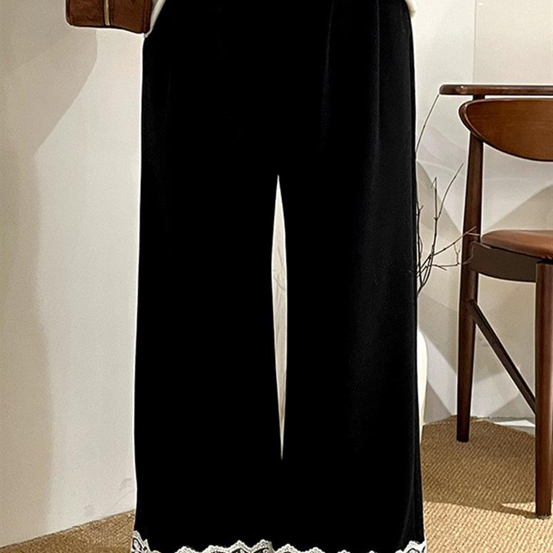 大码女装高腰休闲裤女百搭直筒裤2025冬胖mm拼接花边阔腿裤NK1288