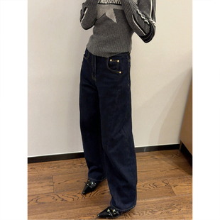 复古百搭显瘦弹力水洗皮口袋牛仔直筒裤 设计师款 25冬新 原C ASBR