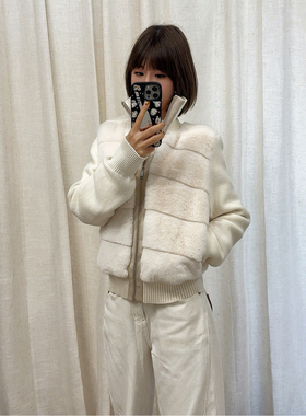 ASBR【90新国标白鸭绒】假两件环保皮草毛毛拼接针织袖羽绒服外套