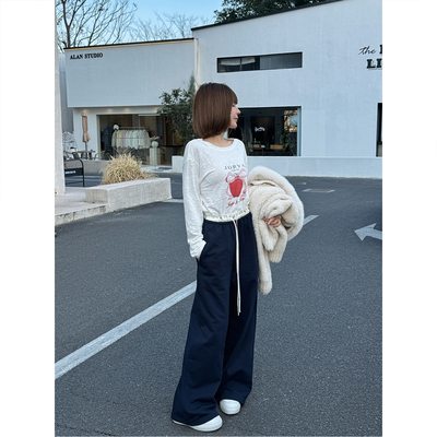 幸运果印花拼接休闲阔腿裤云褶裤