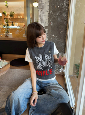 ASBR 原C！灰色卡通100%绵羊毛针织背心25秋新款休闲时髦叠穿减龄