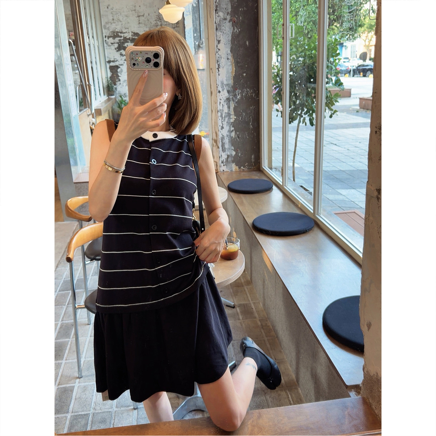 ASBR【至简主义】经典复古撞色条纹无袖假两件连衣裙直筒显瘦裙女