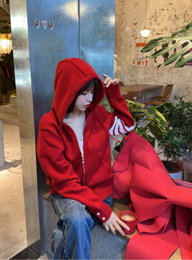 ASBR 原C！圣诞新年红100%羊毛连帽拉链针织衫25冬新款减龄外套女
