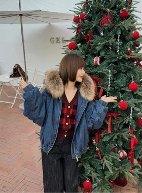 ASBR 原C！经典牛仔绗棉连帽夹克保暖棉服外套25冬新款大貉子毛领