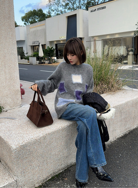 ASBR 原C！马海毛方格贴补装饰套头毛衣25新款冬日慵懒撞色针织衫