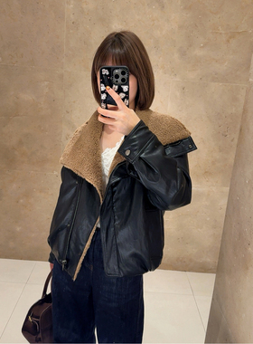 ASBR【90鸭绒】素皮复古机车风保暖羽绒服25冬新款毛领拼色外套女