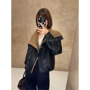 ASBR【90鸭绒】素皮复古机车风保暖羽绒服25冬新款毛领拼色外套女