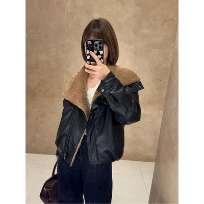 ASBR【90鸭绒】素皮复古机车风保暖羽绒服25冬新款毛领拼色外套女