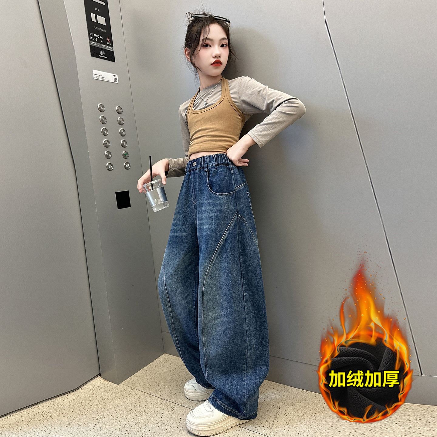 女童牛仔裤秋冬新款儿童加厚裤子