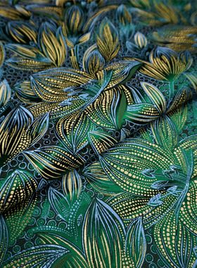 深绿色满底线条唯美百合花织锦缎布料/丝绸缎子古香唐装汉服面料