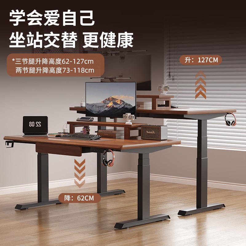 赛瑞格实木电动升降桌家用办公电竞电脑儿童书桌支架带抽屉可移动
