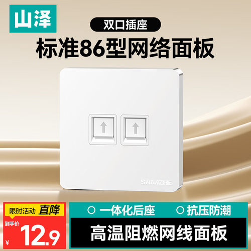 山泽网线网络阻燃面板双口 UL94 V-0阻燃级 RoHS环保 白/灰/金色