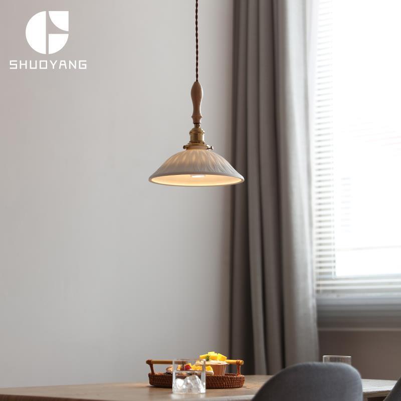 烁阳日式陶瓷吊灯复古白蜡木灯柄卧室床头民宿咖啡厅茶室橱窗吊灯