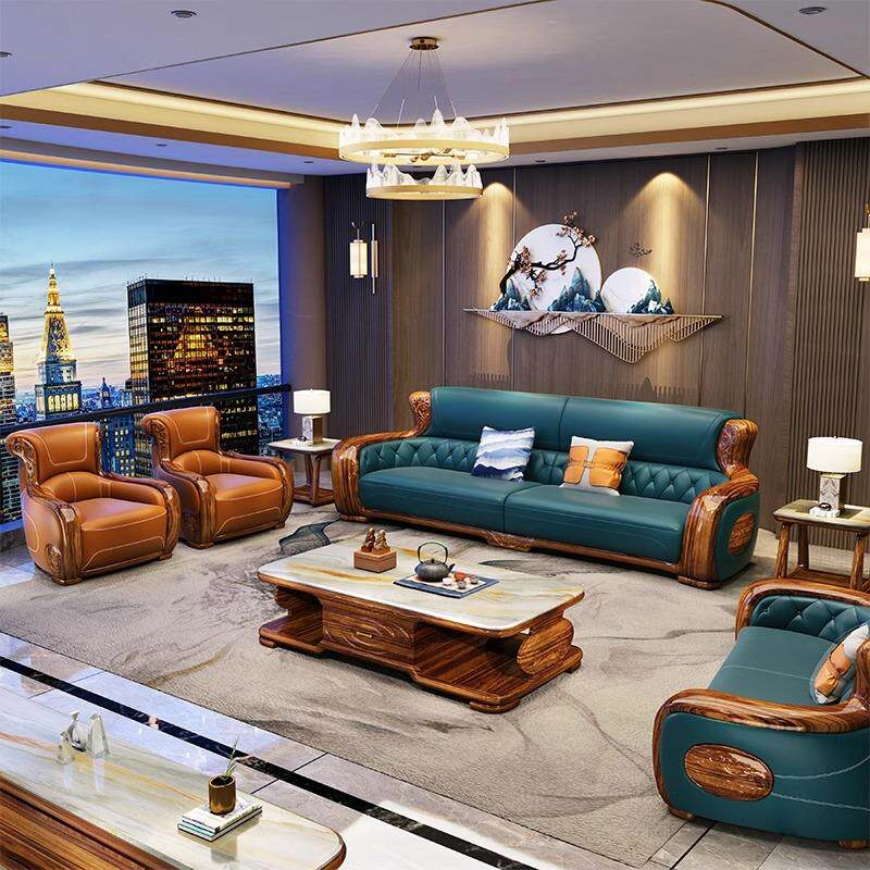 海棠现代新中式别墅乌金木沙发客厅实木家具头层牛皮真皮沙发组合