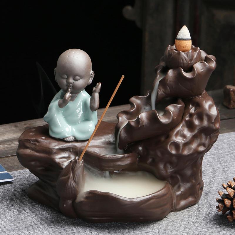 莲藕天成紫砂小和尚香薰炉创意陶瓷香插倒流香炉礼品工艺品