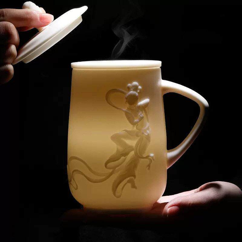 德化档羊脂玉白瓷水杯素烧带盖过滤公杯礼盒家用陶瓷杯子茶杯