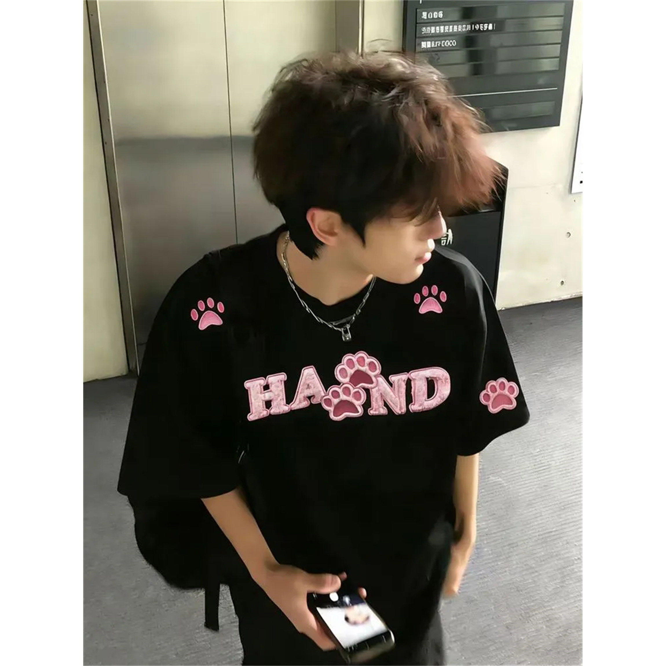 美式高街猫爪刺绣短袖T恤男款夏季2026新款宽松情侣青少年上衣服