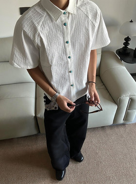 海洋之泪衬衫男款夏季老钱风boxy版型短袖绿松石cleanfit衬衫外套