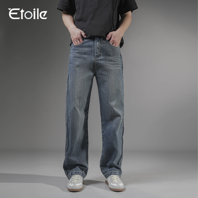 欧风高街水洗竹节纹理牛仔裤男款秋季新款潮牌休闲舒适直筒阔腿裤