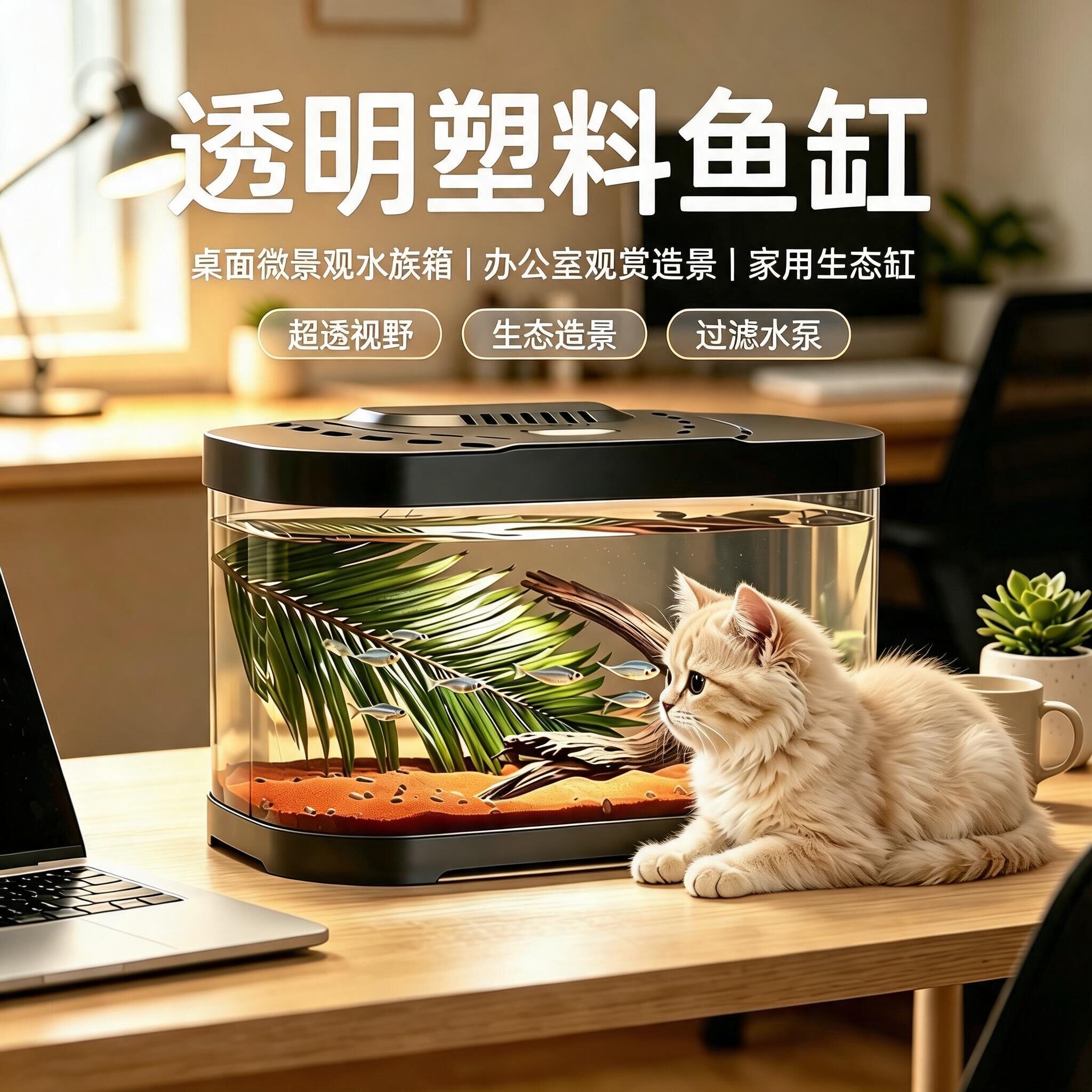 桌面生态鱼缸家用小型造景水族箱办公室微景观观赏缸桌面景观艺术