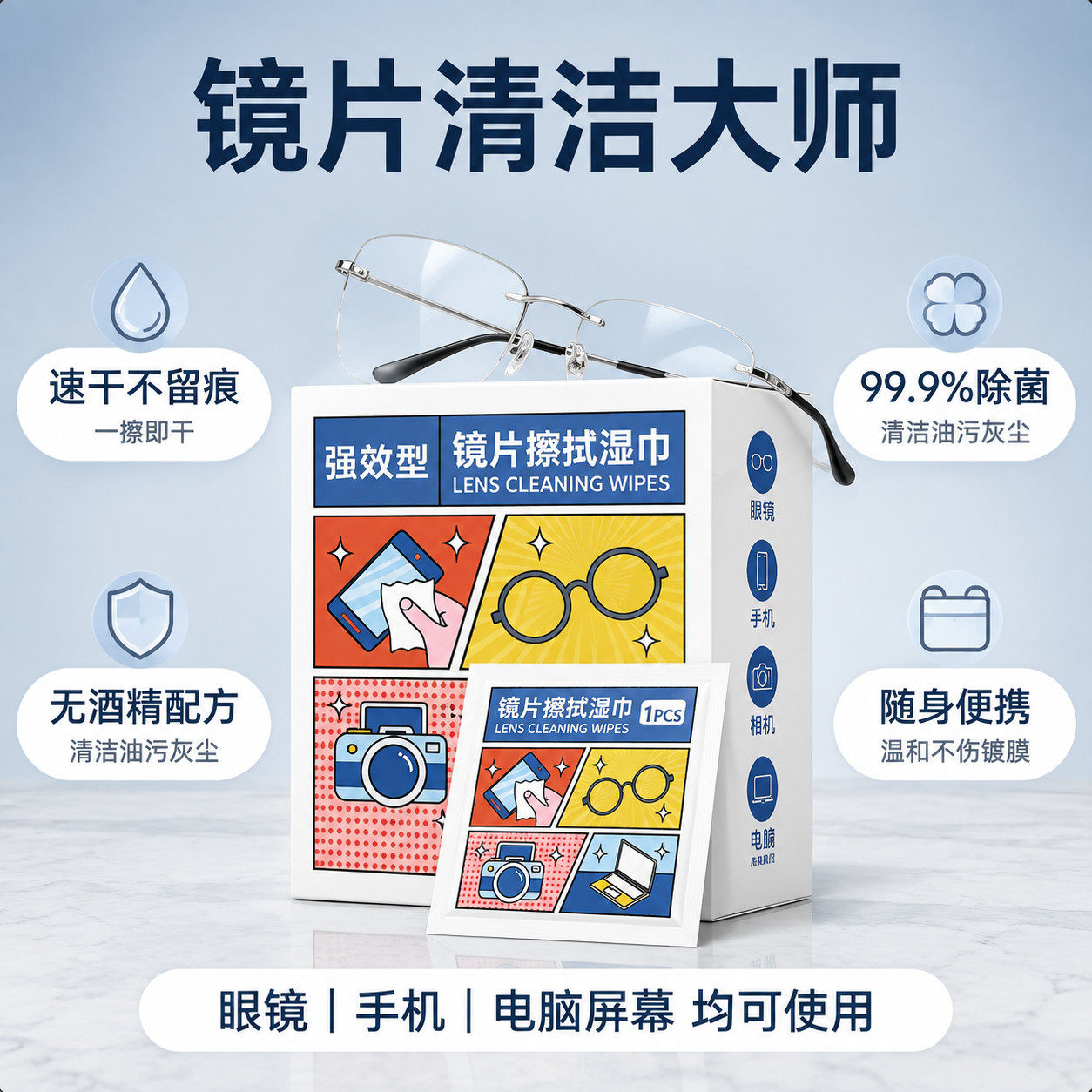 全网清仓甩卖眼镜清洁湿巾一次性擦拭速干无痕不伤镜片除菌去油污