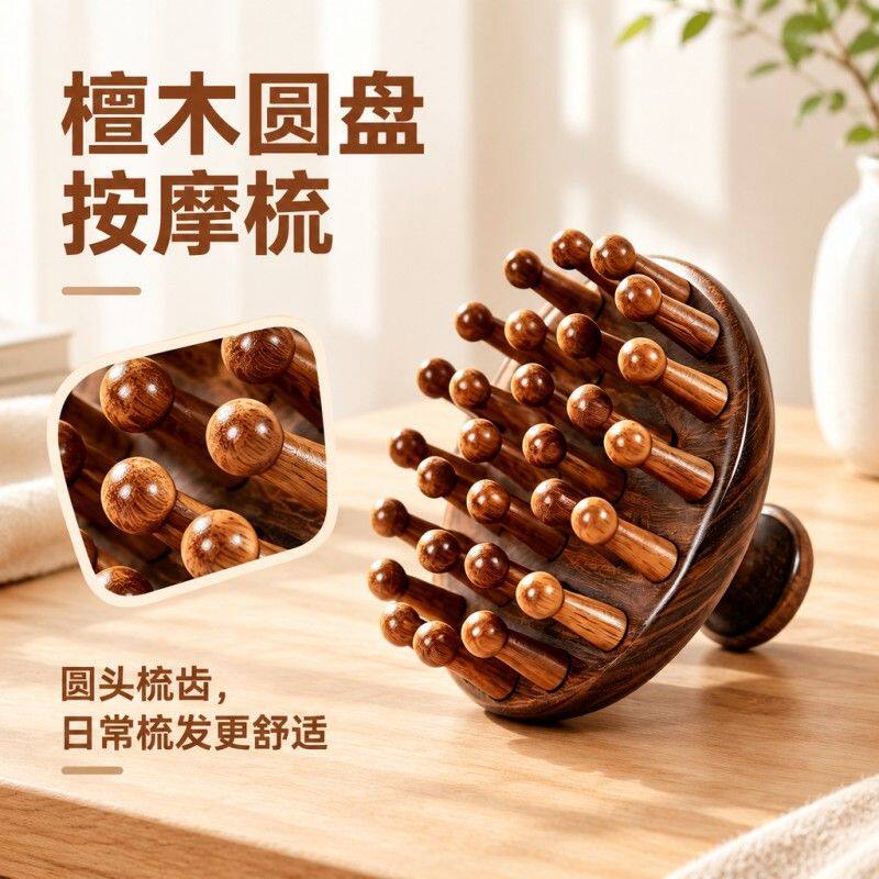 檀木圆头经络按摩梳头面部穴位