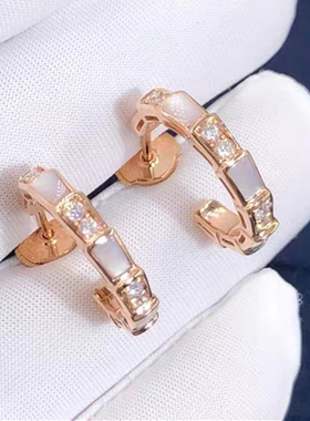 轻奢蛇骨形耳钉女白贝母18K玫瑰金高级感耳饰莫桑钻圆形镶钻耳环