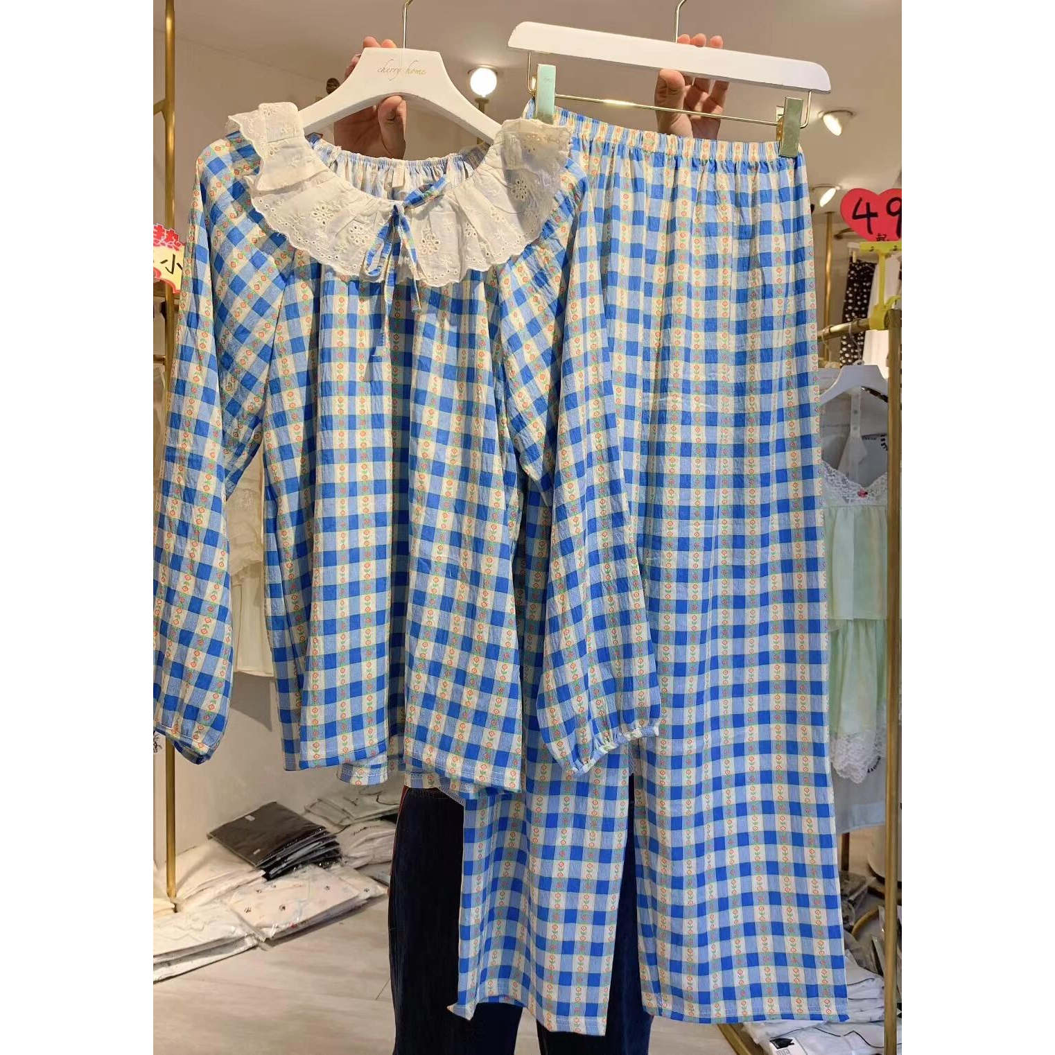 甜美格纹ins复古睡衣女春秋季新款韩版公主风蕾丝花边家居服套装