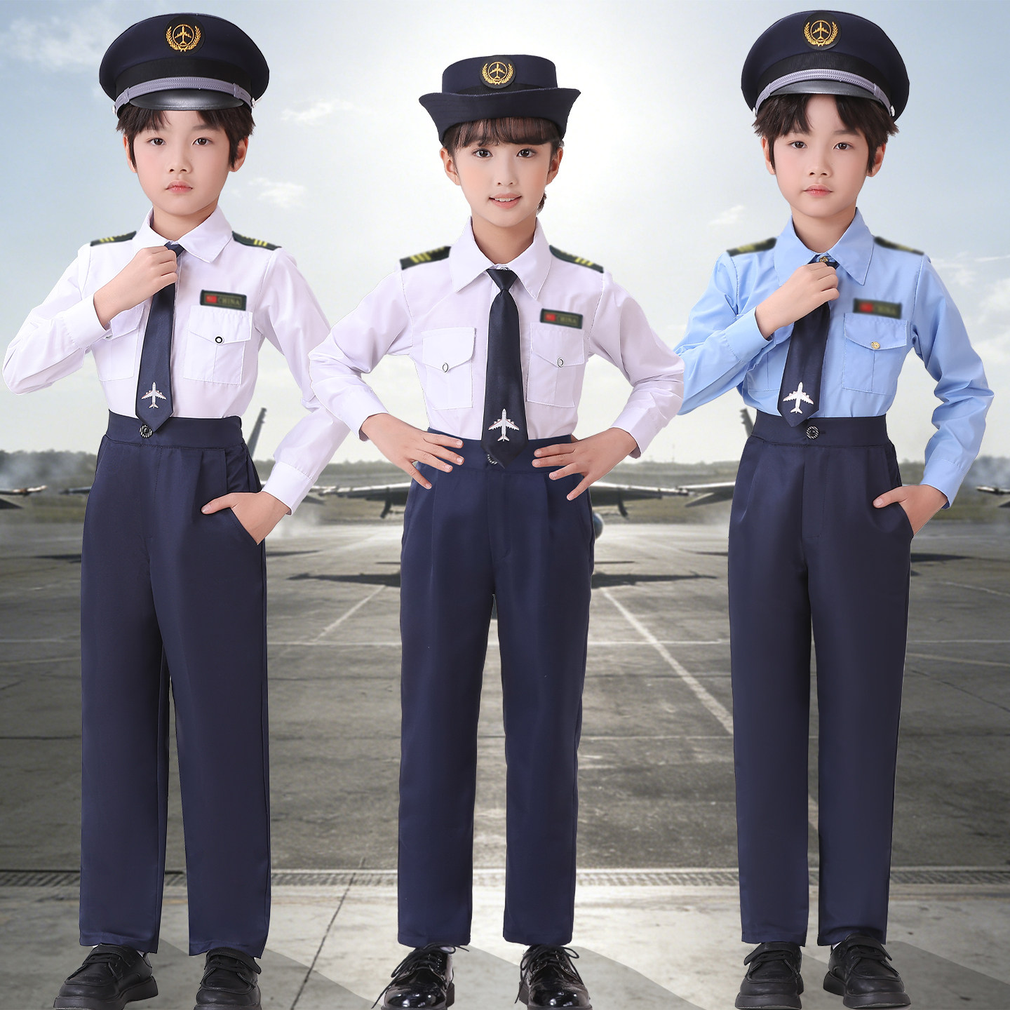 儿童飞行员制服合唱演出服男女童空军机长表演服装小学生角色扮演