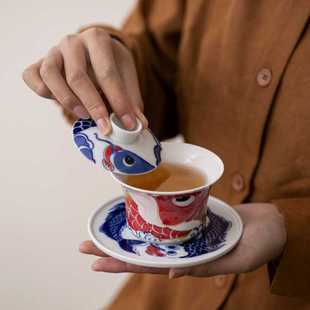 影青祥龙纳福三才盖碗茶杯单个高档国风陶瓷泡茶器带盖家用敬茶碗
