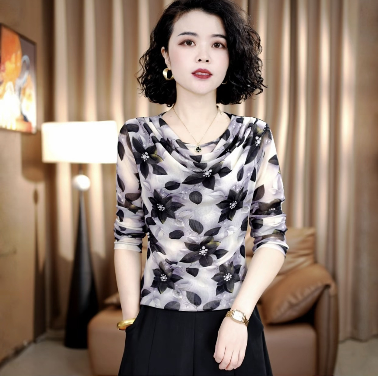 优雅气质兜兜领印花网纱上衣中年女性轻奢风修身显瘦长袖打底衫
