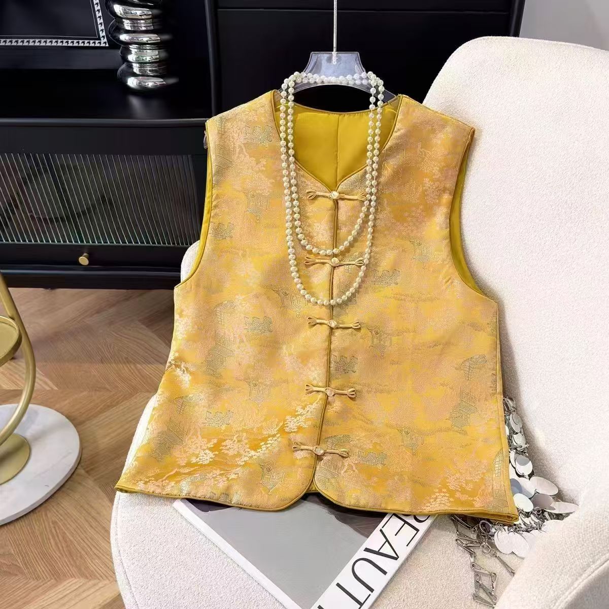 2025秋冬季新款复古文艺马甲遮肚显瘦中长款马甲时尚妈妈装印花