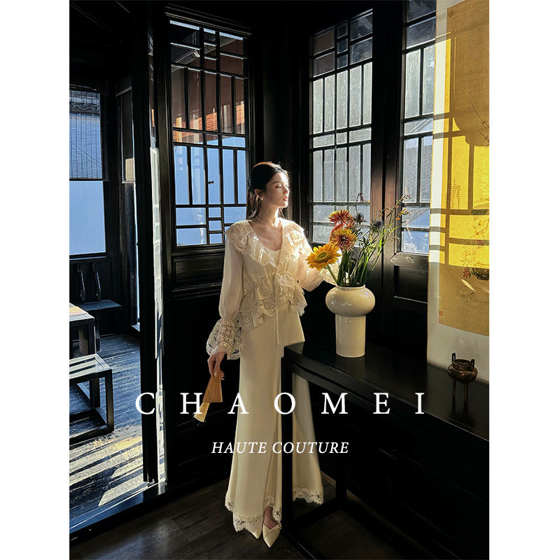 冯（CHAOMEI 【神羽】新中式蕾丝黄色木耳边显瘦外套+半裙套装女,女装/女士精品,汉服套装,淘宝优惠券,粉丝福利购,淘宝优惠卷