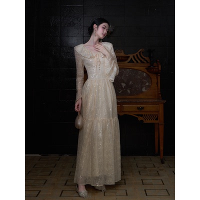 MOPASSANT【金杏莎】法式春夏喇叭袖长袖收腰中长款连衣裙