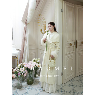 冯（CHAOMEI【月光缪斯】国风新中式狸毛袖子米色100绵羊毛大衣