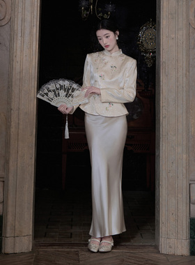 MOPASSANT【镜中花】新中式订婚新娘白色刺绣醋酸套装