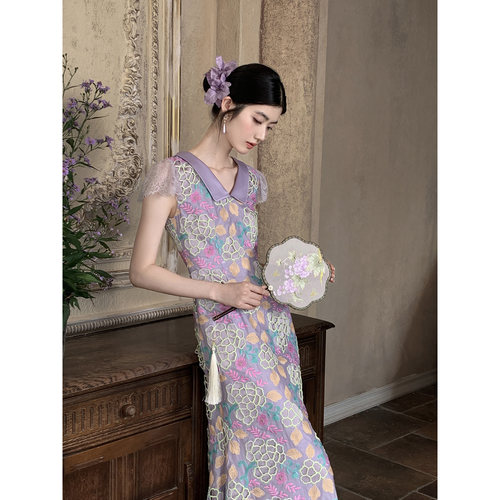 MOPASSANT【芋萤】新中式夏季紫色坎肩刺绣中长款连衣裙