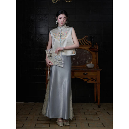 MOPASSANT【清禾】新中式醋酸刺绣双面穿马甲半裙套装女