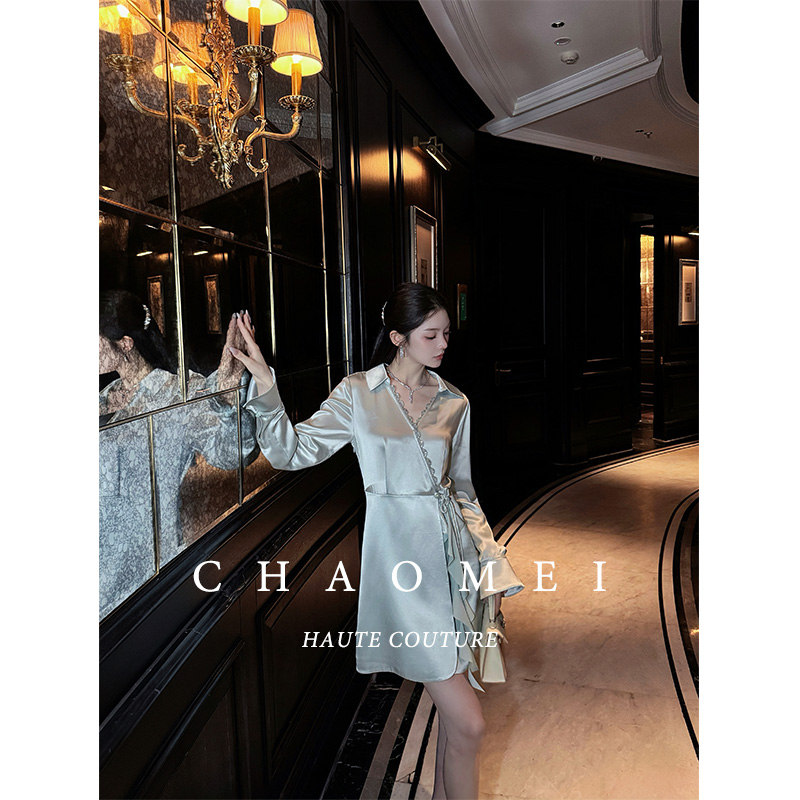 冯（CHAOMEI【白富美】新中式天蓝色醋酸连衣裙显瘦气质收腰法式