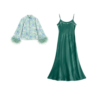 【碧琉璃】冯（CHAOMEI 国风新中式女装禽鸟羽毛丝绒外套吊带裙