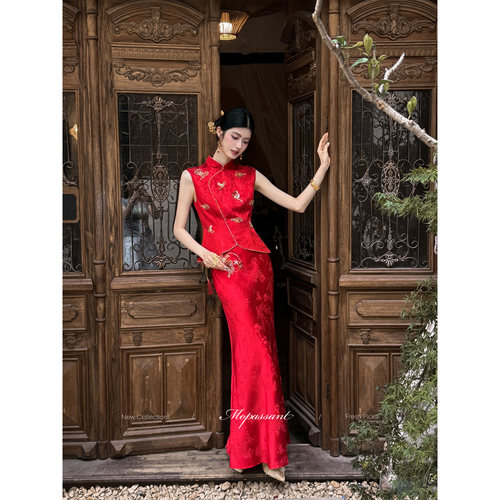 MOPASSANT【丹袂】新中式红色婚礼订婚敬酒服新娘夏季马甲套装女