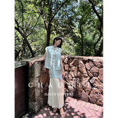 刺绣马甲醋酸吊带裙套装 冯 女 新中式 海水蓝 CHAOMEI 幽蓝公主