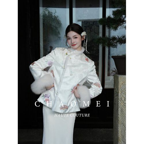 闭店清仓【琉璃雪】新中式国风奶油白水貂毛狐狸毛羽绒服+半裙