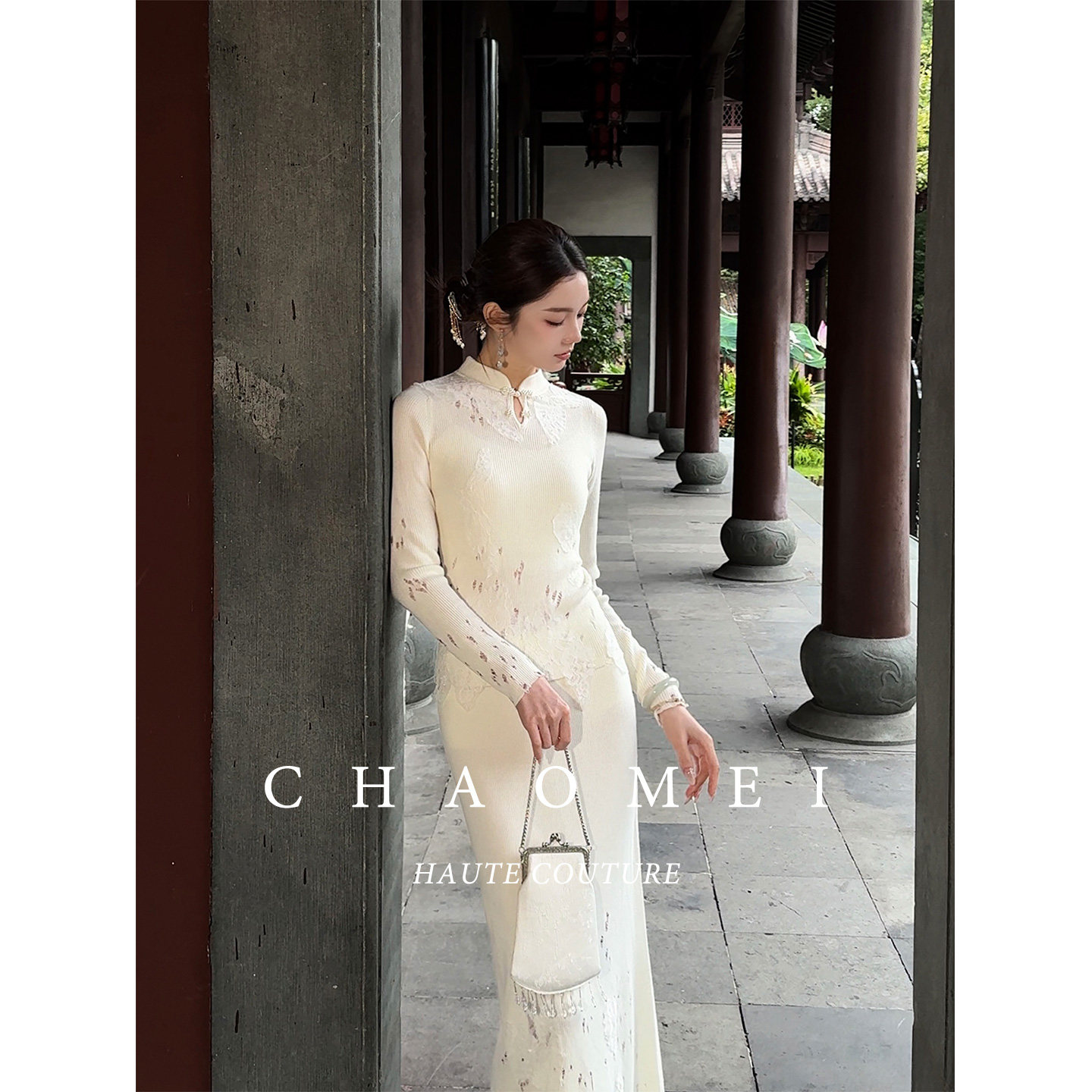 冯（CHAOMEI【素颜】法式拼接提花长袖立领斜襟上衣针织秋冬套装