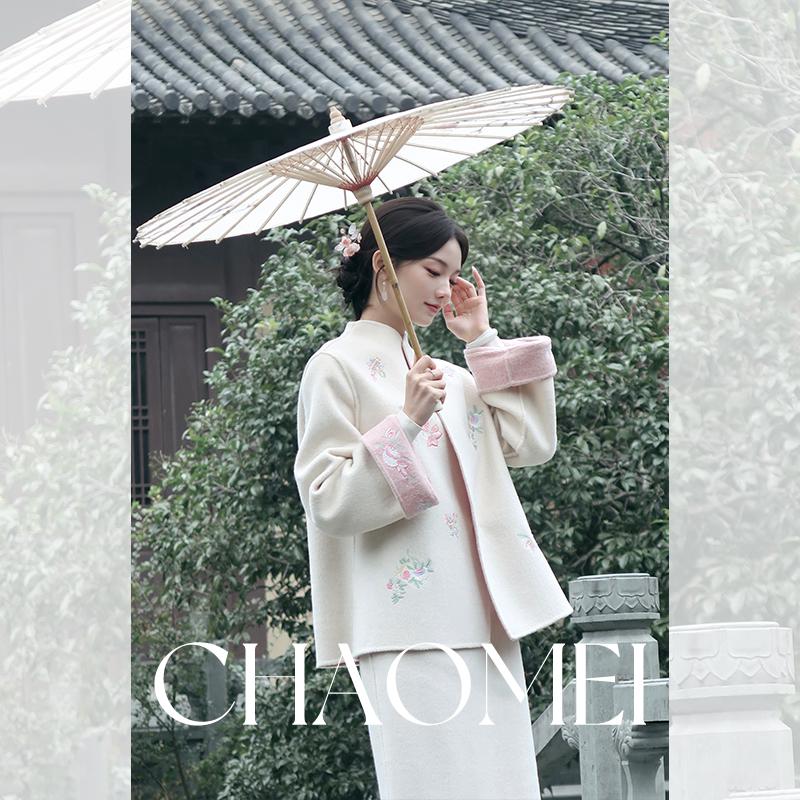 冯（CHAOMEI【水蜜桃】国风紫刺绣100羊毛双面呢外套+半裙TG02445