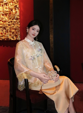 断码清仓【雁回时】新中式套装欧根纱刺绣蕾丝边衬衫+缎面半裙