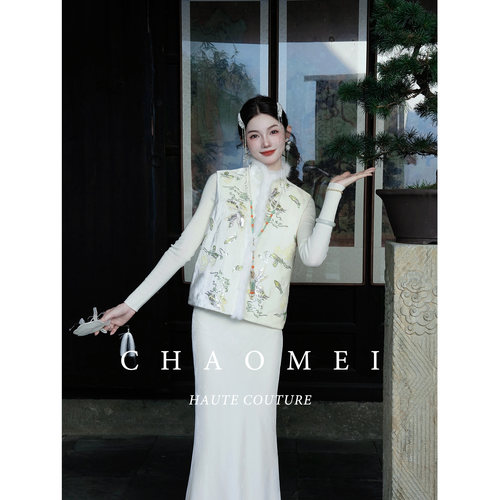 冯（CHAOMEI【小白兔】新中式国风丝绒马甲羽绒服水貂毛领套装