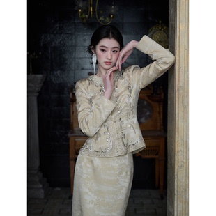 春夏醋酸刺绣修身 MOPASSANT 鎏华年 新中式 收腰拼接套装