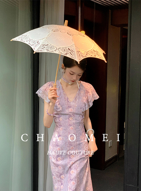 冯（CHAOMEI【古董蔷薇】新中式天丝风信紫花边装饰鱼尾连衣裙